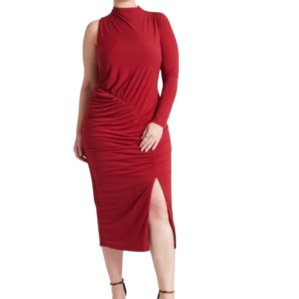 Eloquii Baddie Glamour Dopamine One Shoulder Ruched Midi Dress NWT Sz 24W